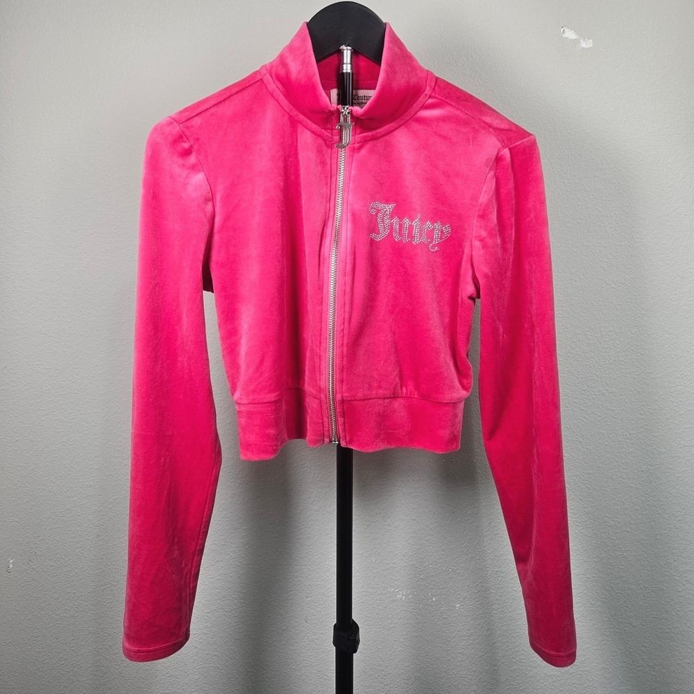 Juicy Couture Track Jacket Womens S Pink Rhinestone Velour Cropped Y2K Aesthetic